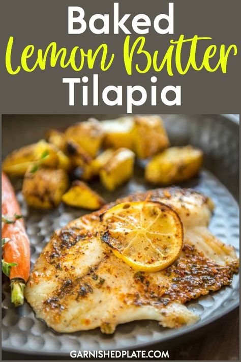 Tender Flaky Baked Lemon Butter Tilapia will become your new go to dinner for busy nights! #baked #lemon #butter #tilapia #oldbay via @garnishedplate Dinner For Busy Nights, Lemon Pepper Tilapia, Lemon Butter Tilapia, Tilapia Recipes Easy, Baked Tilapia, Seafood Recipes Healthy, Tilapia Recipes, Fish Dinner, Baked Fish