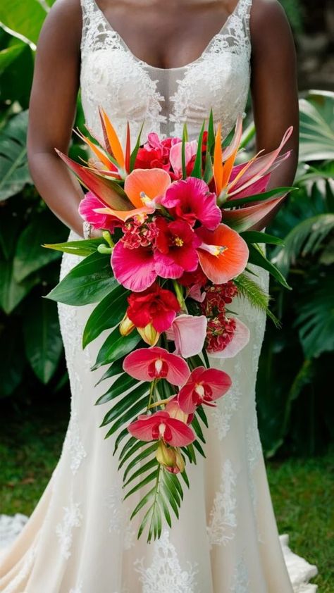 Tropical Style Wedding, Hawaiian Bouquet Wedding, Exotic Flower Bouquet, Wedding Flowers Tropical, Hawaiian Bridal Bouquet, Tropical Bridesmaid Bouquet, Copper Burgundy Hair, Tropical Bouquet Wedding, Hawaiian Wedding Theme