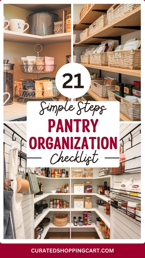 Follow these 21 simple steps for the best pantry organization! Our checklist will guide you through decluttering, cleaning, and organizing your pantry with practical tips and solutions. Ideal for those wanting to maximize their pantry space and improve kitchen efficiency. Kitchen storage, pantry checklist, declutter pantry, pantry storage solutions, organized pantry, pantry makeover, pantry cleaning, home organization, pantry organization checklist, pantry cleaning, pantry organization tips. Pantry Ikea Organization, Open Pantry Organization Ideas, Large Pantry Organization Ideas, Organizing Ideas For Pantry, Pantry Food List, How To Organize Small Pantry, Pantry Categories Organization, Organizing Deep Pantry Shelves, Organize Deep Pantry Cabinet