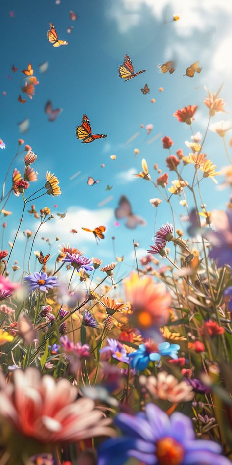 Butterfly In The Sky, Realistic Phone Wallpaper, Sunny Flower Field, Field Of Wildflowers, Sunny Sky, 2048x1152 Wallpapers, Vintage Floral Backgrounds, Christian Iphone Wallpaper, Rainbow Butterflies