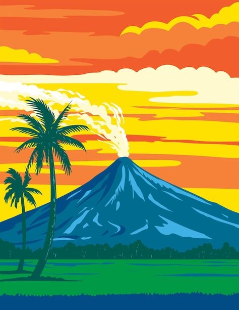 Mayon Volcano Painting, Land Scape Drawing Easy, Mayon Volcano Drawing, Mayon Volcano Aesthetic, Philippine Art Artworks, Volcanoes Drawing, Poster About Nature, Philippines Illustration, Philippine Landmarks