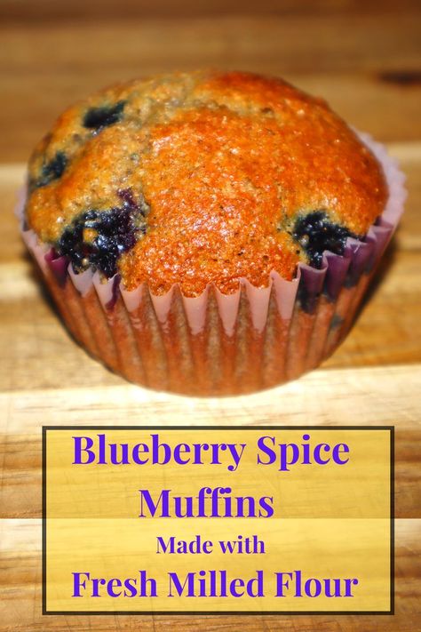 Picture of a single Blueberry Spice Muffin on a butcher block wooden countertop Fresh Milled Muffin Recipes, Fresh Milled Muffins, Fresh Milled Brownies, Milled Flour Recipes, Fresh Milled Flour Cupcakes, Fresh Milled Flour Blueberry Muffins, Freshly Milled Flour Recipes, Fresh Milled Flour Muffins, Fresh Milled Flour Recipes