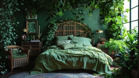 A Lush Green Sanctuary: How Nature Transforms Witchy Bedrooms Swamp Bedroom, Green Witchy Bedroom, Green Witch Bedroom, Witch Bedroom Ideas, Witch Bedroom, Sanctuary Design, Witch Bedrooms, Witchy Bedroom, Gothic Elements