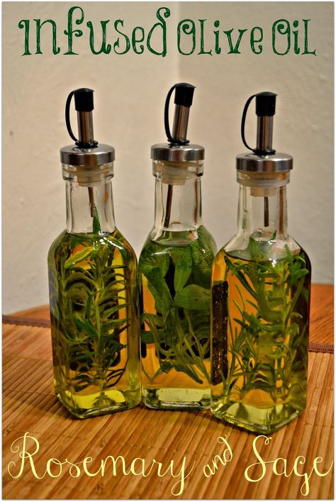 Rosemary and Sage Infused Olive Oils - DIY infused oils Infused Oil Recipes, Diy Extracts, Herb Infused Olive Oil, Herbal Vinegar, Flavored Vinegars, Diy Wedding Food, Infused Vinegars, Dipping Oil, Flavored Olive Oil