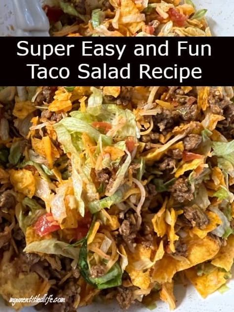 Super Easy and Fun Taco Salad Recipe - Hamburger Taco Salad, Homemade Taco Salad Dressing, Easy Dorito Taco Salad, Easy Salad For Party, Seven Layer Salad Mexican, Frito Salad Recipes, Taco Salad Ideas, Seven Layer Taco Salad, Taco Bell Taco Salad Recipe