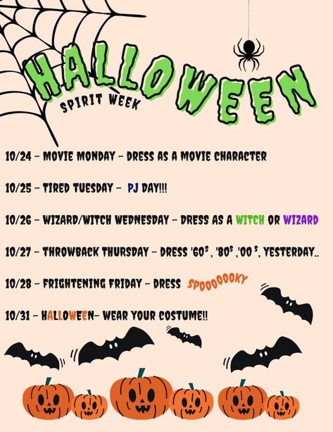 Spirit Days For Work, October Spirit Week Ideas, School Spirit Ideas Pep Rally, Holiday Spirit Week, Halloween Movie Night Party, Spirit Week Ideas, Spirit Week Themes, Spirt Halloween, Spirit Day Ideas