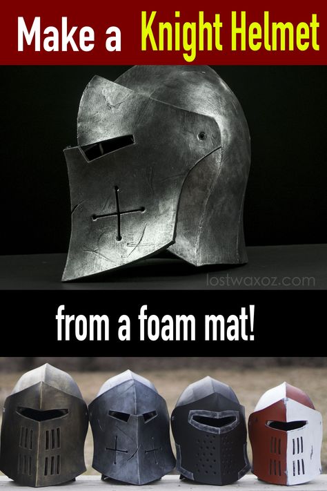 Make your own knight helmet with this video tutorial and DIY knight helmet template. Great for cosplay, kids costumes and theatre productions. Knight pattern available at lostwaxoz. #lostwaxoz #evafoam #foamsmith #diycostume #costumeideas #foamarmor #diycosplay Diy Crusader Costume, Knights Costume Diy, Diy Knight Helmet Cardboard, Diy Knights Helmet, Medieval Knight Costume Diy, Armor Costume Diy, Diy Suit Of Armor, Diy Knight Armor, Gimli Helmet