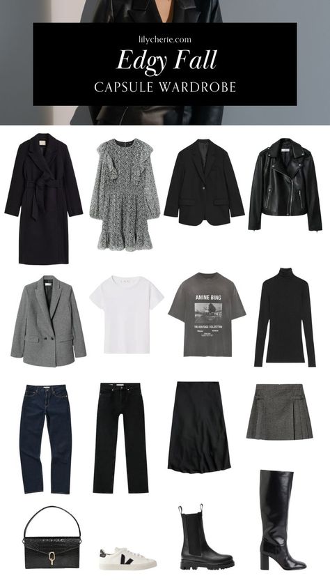 Edgy Capsule Wardrobe, Fall Capsule Wardrobe 2023, Mode Edgy, Black Capsule Wardrobe, Capsule Wardrobe 2023, Chic Capsule Wardrobe, Capsule Wardrobe Casual, Capsule Wardrobe Basics, Casual Edgy