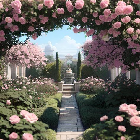 Pink rose garden wombo dream Royal Rose Garden, Pink Rose Garden Aesthetic, Secret Rose Garden, Dreamy Art Landscape, Rose Garden Drawing Art, Royal Garden Background, Rose Garden Illustration, Garden Pink Aesthetic, Pink Garden Aesthetic