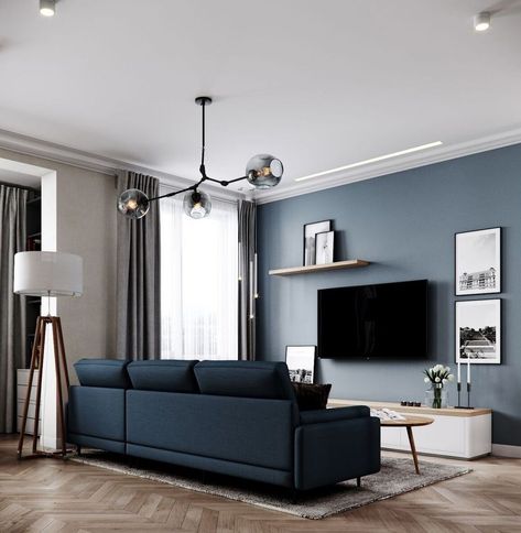 Light Grey Walls With Dark Blue Accent Wall, Blue Accent Tv Wall Living Room, Elegant Paint Colors For Living Room, Small Living Room Decor Sofas, Blue Wall Living Room Ideas, Blue Sofa Living Room Color Combinations, Blue Walls Living Room, Living Room Color Combination, Blue Sofas Living Room