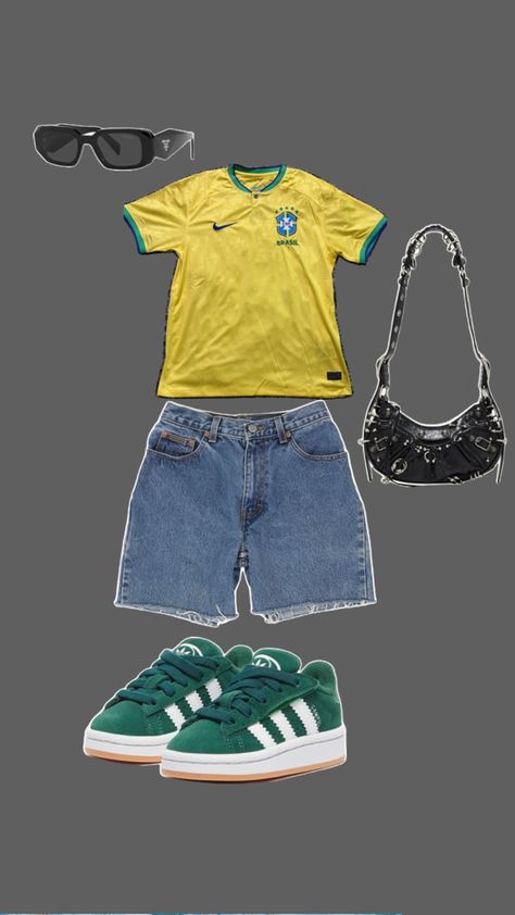 brazil jersey , jorts, prada sunglasses, adidas campus 00s Brazil Jersey Outfit, Brazil Jersey, Adidas Campus 00s, Adidas Sambas, Teen Swag Outfits, Jersey Outfit, Adidas Campus, Prada Sunglasses, Tween Outfits