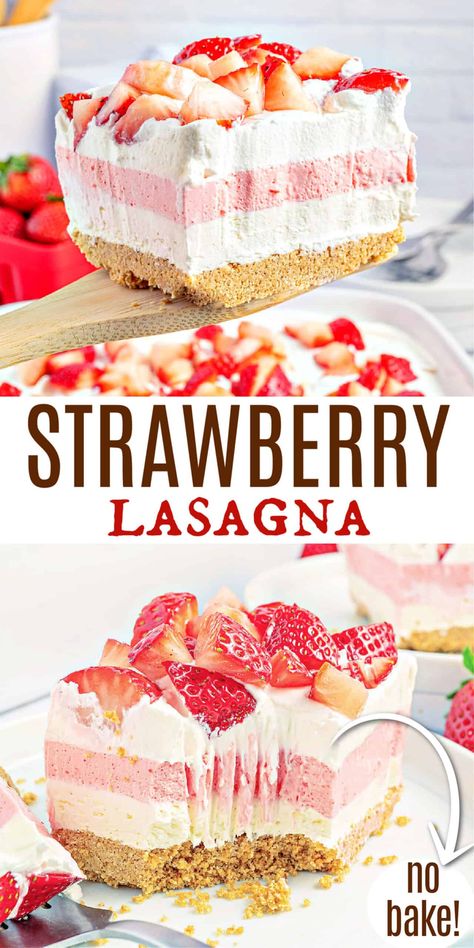 Very Berry Dessert Lasagna Recipe, Dessert Recipes Lasagna, Fun Strawberry Desserts, No Bake Strawberry Lasagna, Lasagna Desserts No Bake, Potluck Desserts No Bake, No Bake Strawberry Jello Lasagna, Very Berry Dessert Lasagna, Strawberry Desserts Cheesecake