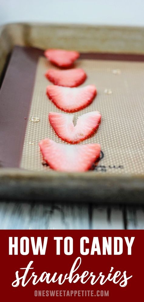 Candied strawberry slices are gorgeous and easy to make. They are the perfect addition to your cupcake and cake recipes! Candy Strawberries Recipe, Candied Strawberry, How To Candy Strawberries, Candy Strawberries, Infused Strawberries With Pipettes, Candied Strawberries, Candied Strawberries Without Corn Syrup, Candied Strawberries Recipe, Strawberry Bon Bons Candy