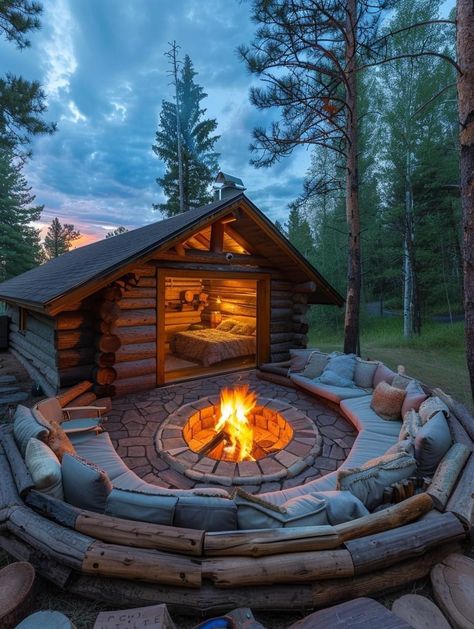 Log Cabin Landscape, Cabin Backyard, Cabin Landscape, Cabin Houses, Luxury Safe, Outdoor Fireplace Patio, Patio Deck Designs, Quaint Cottage, Cabin Interiors