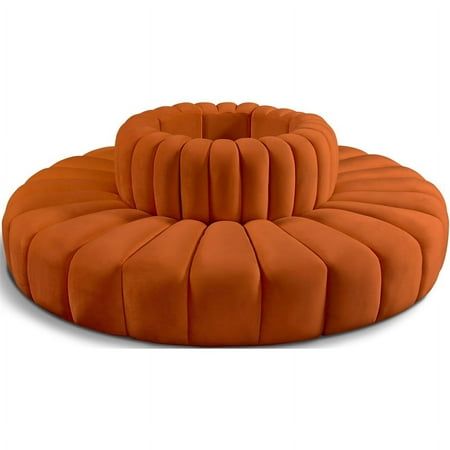 Give your living room or den the perfect blend of style and versatility with this Arc velvet fabric curved modular sofa. Part of the Arc modular furniture collection, this sofa comes upholstered in rich cognac velvet fabric and features deep channel tufting that adds a touch of luxury while enhancing comfort and support. A seamless combination of form and function, this chair can be used with other Arc pieces to create a myriad of configurations in your well-curated room. Features: Soft Cognac V Circular Couch, Modern Curved Sofa, Round Couch, Transitional Sectional Sofas, Brown Sectional, Dining Sofa, Sectional Sofa Couch, Eucalyptus Wood, Sofa Chaise