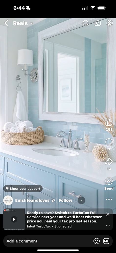 Coastal Bathroom Showers, Coastal Modern Master Bath, Bathroom With Light Blue Vanity, Beachy Shower Tile Ideas, Coastal Grandma Bathroom, Light Blue Bathrooms, Beige And Blue Bathroom, Powder Blue Bathroom, Coastal Master Bath