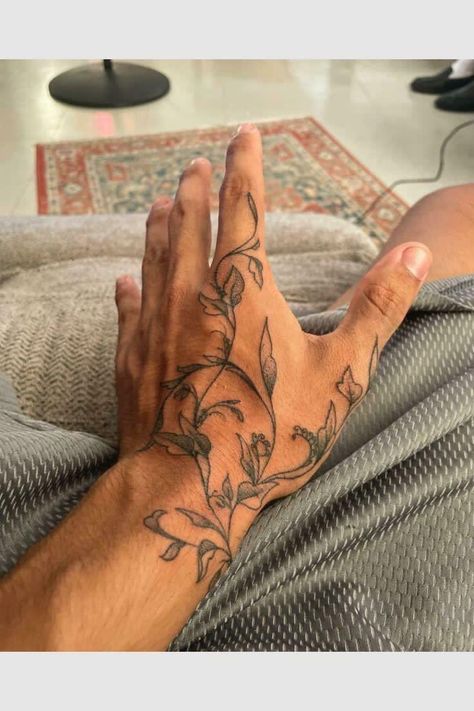 Vines Tattoo Design Men, Hand Line Tattoos For Guys, Men’s Back Of Arm Tattoo, Aesthetic Sleeves Design, Bird Arm Tattoo Men, Greek Hand Tattoos For Men, Chrysanthemum Vine Tattoo, Thorn Hand Tattoo, Male Plant Tattoo