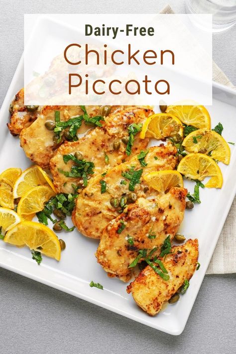 Dairy-Free Chicken Piccata Recipe - easy, Italian-style lemon caper chicken with gluten-free option. Dairy Free Chicken Piccata, Gluten And Dairy Free Italian Recipes, Dairy Free Gluten Free Italian Recipes, Alpha Gal Recipes Dairy Free, Dairy Free Gluten Free Chicken Recipes, Alphagal Allergy Recipes, Italian Recipes Gluten Free, Gluten Free Dairy Free Chicken Recipes, Non Dairy Chicken Recipes