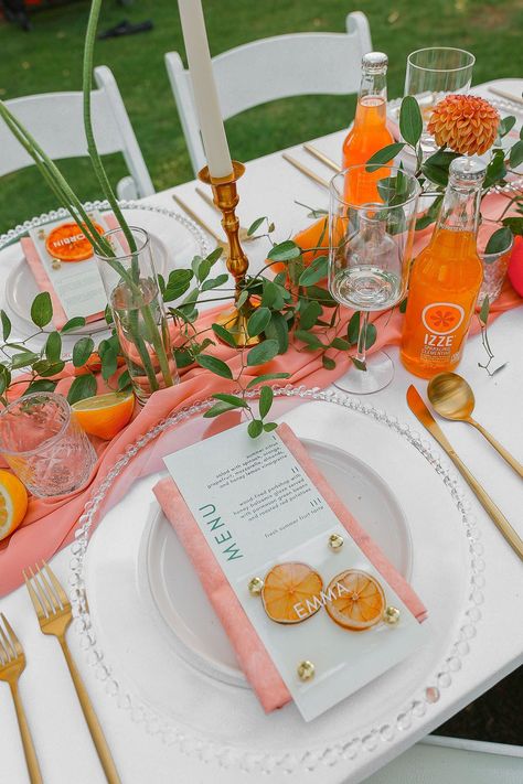 A closer look at each place setting at the summer garden party of the year! Custom citrus-inspired garden party wedding theme for Salt Lake City couple by professional wedding planners at Kaushay & Co. Events. #fruitycolorpalette #citrustinspired #summerwedding #slcsummerwedding #utahweddingplanner Sunset Themed Party, Sunset Theme Wedding, Peach Table Runner, Garden Party Wedding Theme, Dried Citrus, Dinner Party Table Settings, City Couple, Citrus Garden, Garden Party Theme