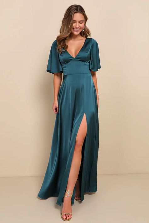 blue - Lulus Search Teal Satin Dress, Romantic Essence, Teal Bridesmaid, Teal Bridesmaid Dresses, Bridesmaid Dresses With Sleeves, Teal Wedding, Cutout Maxi Dress, Guest Attire, Wedding Attire Guest