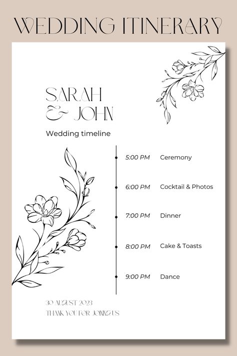 Wedding Timeline 5pm Ceremony, Wedding Itinerary Sign, Timeline Wedding Day, Order Of Events Wedding, Wedding Day Timeline Template, Wedding Agenda, Itinerary Wedding, Timeline Wedding, Order Of Events