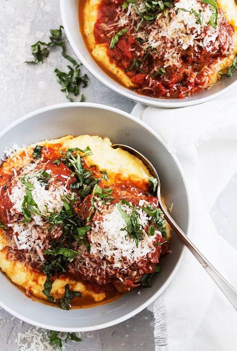 Pork Prosciutto Meatballs and Polenta - These big pork meatballs are wrapped in prosciutto, browned and simmered in tomato sauce, then served on top of polenta. Homemade Chicken Parmesan, Chicken Parmesan Meatballs, Parmesan Meatballs, Polenta Recipes, Date Night Recipes, Creamy Polenta, Pork Meatballs, Homemade Tomato Sauce, White Bowl