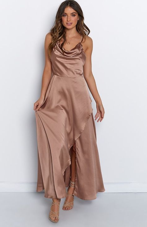 Brown Braidsmaid Dress, Bronze Bridesmaid Dress, Mocha Color Dress, Mocha Bridesmaid Dresses, Bronze Bridesmaid Dresses, Mocha Wedding, Beige Bridesmaids, Satin Cowl Neck Dress, Brown Dresses Formal