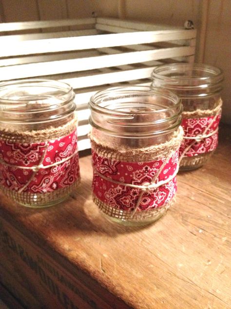 Easy to make table decoration...Mason Jar Burlap & Bandana Decor / Cowboy/Cowgirl  party Bandana Decor, Mason Jar Burlap, Mason Jars Ideas, Country Western Parties, Make Table, Cowboy Theme Party, Burlap Mason Jars, Western Birthday Party, Wild West Party