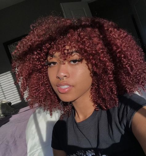 Cherry Red Curly Hair Black Women, Red Coily Hair, Maroon Hair Curly, Afro Hair Dye Ideas, Dark Red Natural Hair, Burgendy Hair Color, Dark Red Curly Hair, Curly Hair Dyed, Burgundy Curly Hair