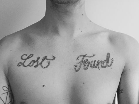 LOST & FOUND   Tattoo Tatouage Inked Boy Black and White Chest - Douglas Gordon Lost And Found Tattoo, Douglas Gordon, C Tattoo, White Chest, Boy Black, White Chests, Lost And Found, Lost & Found, Tattoo Quotes