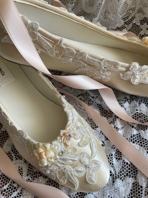 Peach Ivory Ballerina Style Shoes Satin With Beautiful Lace Appliqué Crystals Pearls, Brides Blush Lace up Ribbon Ballet Style Slippers - Etsy Romantic Shoes, Beaded Shoes, Wedding Slippers, Ballet Style, Ballerina Style, Pretty Ballerinas, Ballerina Slippers, Ballet Fashion, Pink Ivory