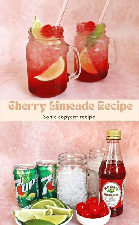 Cherry Limeade Recipe - A Beautiful Mess Cherry Limeade Recipe, Sonic Cherry Limeade, Limeade Recipe, Drink Recipes Nonalcoholic, Cherry Limeade, Refreshing Drinks Recipes, Beverage Recipes, Lemon Lime Soda, Lime Soda