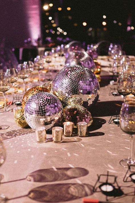 Disco Tablescape, Electric Disco, Disco Party Aesthetic, Disco Ball Theme, Modern Disco, 80s Wedding, Sweet 16 Themes, Disco Party Decorations, Ball Ideas