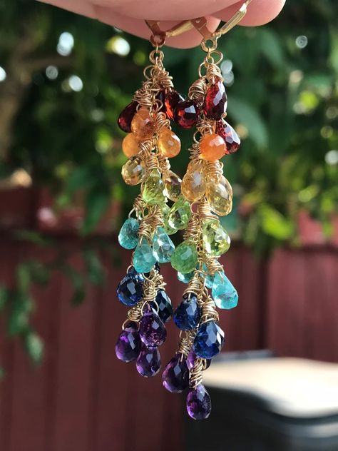 Rainbow Waterfall, Waterfall Earrings, Purple Quartz, Rainbow Jewelry, Bright Rainbow, Beaded Drop Earrings, Rainbow Earrings, Gold Filled Earrings, Blue Apatite