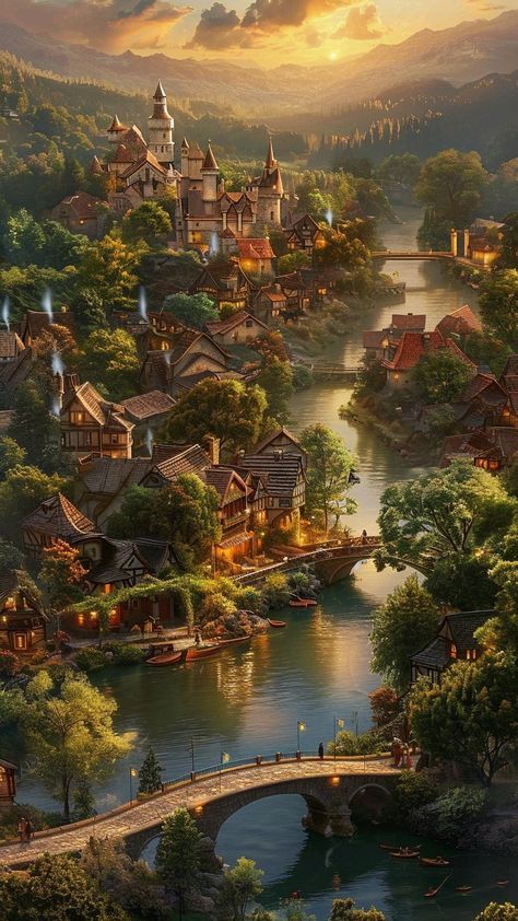 Medieval City Aesthetic, Fantasy Village Art, Fantasy Setting Village, Magical Village, Funny Puppies, Puppies And Kittens, Fantasy Village, Fantasy Town, Fantasy Homes