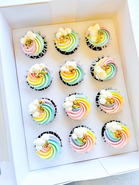 Cloud 9 Birthday Party Cupcakes, Rainbow Cupcakes Pastel, Colourful Birthday Cupcakes, Cloud 9 Birthday Cupcakes, Rainbow Cake And Cupcakes, Mini Rainbow Cupcakes, Cloud Cupcakes Ideas, Pastel Rainbow Cupcakes Ideas, Rainbow Sprinkle Cupcakes