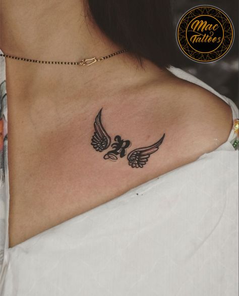 Collar Bone Initial Tattoo, Angel Wings On Neck, Eagles Tattoo, Wings Tattoos, Bird Silhouette Tattoos, Collar Bone Tattoo For Men, Tattoo Wings, Memorial Tattoo Ideas, Wing Tattoo Men