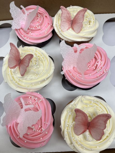 White Butterfly Cake, Butterfly Theme Cupcakes, Pink And White Butterfly Cake, Pink Butterfly Cupcakes, Pink Cake With Butterflies, Pink White And Gold Butterfly Party, Butterfly Cake Baby Shower Pink, Pink And Gold Butterfly Cupcakes, Pink And Purple Butterfly Cupcakes