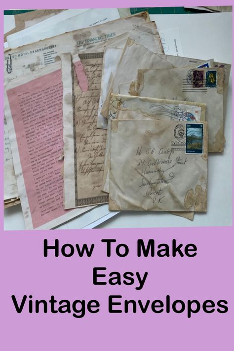 Make your own vintage ephemera for your junk journals, an easy beginners tutorial making envelopes that look like they’ve been found in an attic. Using items you already have and recycling those old envelopes. Making Envelopes, How To Make An Envelope, Decorated Envelopes, Old Letters, Junk Journal Ephemera, Diy Envelope, Journal Ephemera, Look Older, Vintage Lettering