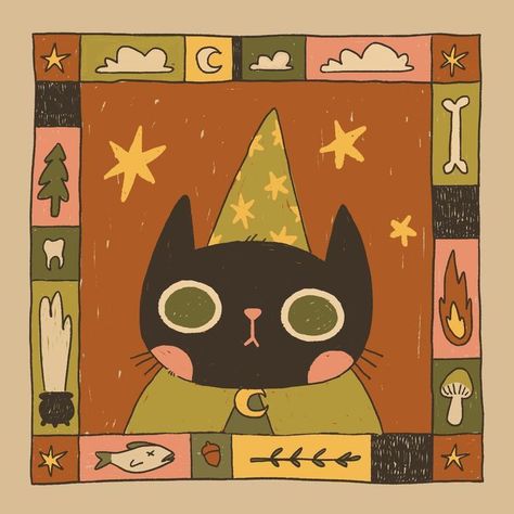 Simple Cat Painting Canvas, Funky Illustrations, Cute Witch, Art Mignon, Posca Art, Illustration Cute, Witch Cat, Arte Inspo, Art Et Illustration