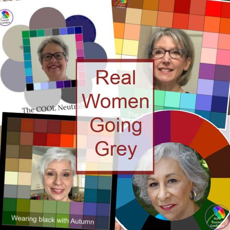 Real women share going grey photos #realwomengoinggrey #goinggrey https://www.style-yourself-confident.com/real-women-going-grey.html Soft Autumn Gray Hair, Colors To Wear With Grey Hair, Warm Grey Hair, Grey Hair For Warm Skin Tones, Red Hair Going Grey, Greying Hair, Summer Skin Tone, Grey Photos, Autumn Skin