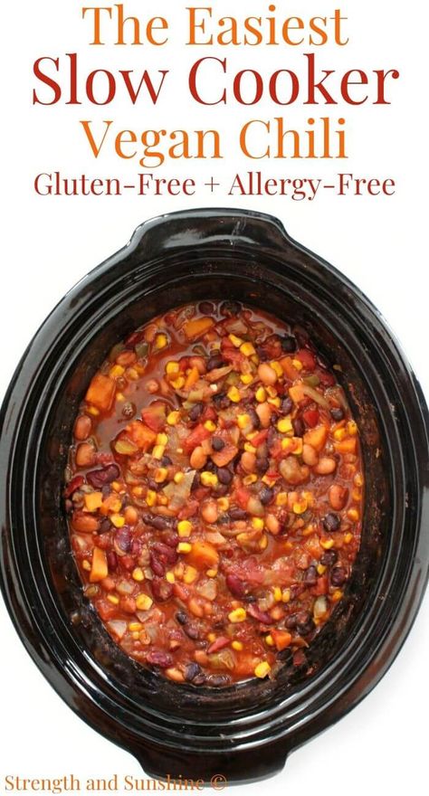 Easy Slow Cooker Vegetarian Chili (Vegan, Gluten-Free, Allergy-Free) | Strength and Sunshine | This easy Slow Cooker Vegetarian Chili is a dump-and-go crockpot meal you can set and forget! This healthy three bean chili is vegan, gluten-free, allergy-free, and full of plant-based protein, veggies, and bold Southwest flavors! A comforting dinner for a crowd or meatless make-ahead and freezer-friendly meal you can meal prep! #slowcooker #chili #vegetarianchili #meatlesschili #veganchili #crockpot Vegan Chili Crockpot, Slow Cooker Vegan Chili, Vegetarian Chili Crock Pot, Slow Cooker Vegan, Chili Vegan, Slow Cooker Vegetarian Chili, Three Bean Chili, Vegan Chili Recipe, Vegan Crockpot Recipes