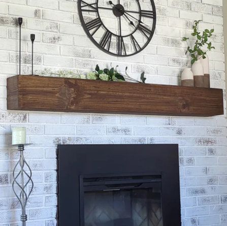 Rustic Farmhouse Fireplace, White Wash Brick Fireplace, Rustic Mantle, Fireplace Shelf, Rustic Fireplace Mantels, Pine Shelves, Fireplace Mantel Shelf, Wood Mantle, Family Room Makeover