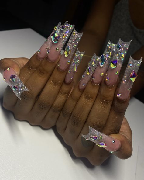 Blinged out for her birthday💎✨ . . . Dm to book!💖 @nailed.byjennie #longnails #ombrenails #glitterombrenails #glitternails #blingnails #nailsofinstagram #fresnonails #fresnonailtech #explorepage Bling Bday Nails, Bougie Nails Acrylic, Birthday Long Nails, Long Bling Acrylic Nails, Fall Bling Nails, Cute Square Acrylic Nails, Bling Out Nails, Long Bling Nails, Bling Birthday Nails