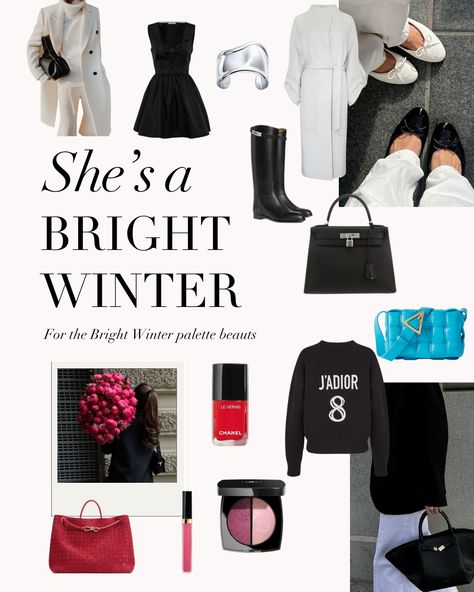 The beauty of the Bright Winter Palette. If you're a Bright Winter, what is your favourite quality about your palette and your colouring? 🖤⁠ ⁠ #coloranalysis #colouranalysis #coloranalyst #winterpalette #brightwinter Bright Winter Jewelry, Bright Winter Celebrities, Bright Winter Palette, Winter Pallette, Clear Winter Palette, Bright Winter Color Palette, True Winter Palette, Season Analysis, Bright Winter Outfits