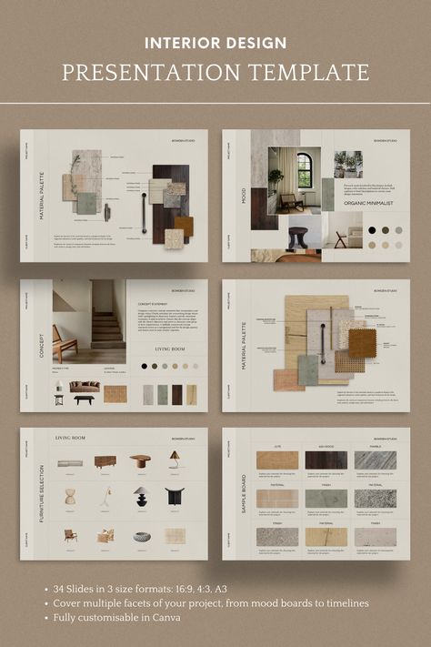 Interior Design Presentation Template, Canva and Adobe InDesign Interior Design Presentation Layout, Interior Design Presentation Boards, Interior Presentation, Interior Design Portfolio Layout, Materials Board Interior Design, Indesign Layout, Interior Design Template, Interior Design Layout, 포트폴리오 레이아웃