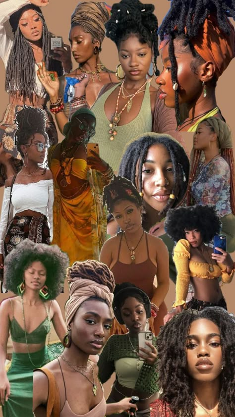 Eatrhy Girl, Garota da Terra, Estética negra Earth Boho Aesthetic, Earthy Girls Aesthetics, Black Woman Earthy Outfits, Earthy 90s Fashion, Earth Black Women, Black Boho Aesthetic, Boho Black Women Aesthetic, Faux Loc Hairstyles, Earthy Black Woman Aesthetic