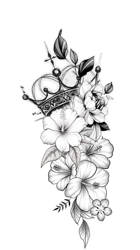 Crown Flowers Tattoo Templete Crown Floral Tattoo, Crown And Flower Tattoos For Women, Crown Tattoo With Flowers, Tattoo Of Childrens Names For Women, Crown And Flower Tattoo, Crown And Flowers Tattoo, Crown With Flowers Tattoo, Lettering Cover Up Tattoo, Tattoos For Childrens Names