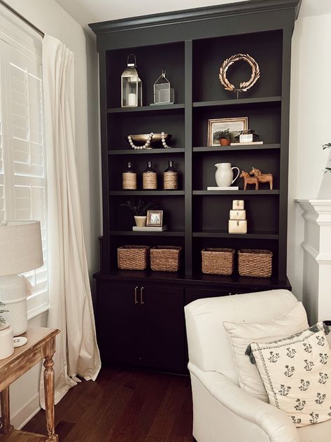 Black Bookshelves Living Room, Potted Rosemary, Organization Living Room, Bookshelves Living Room, Book Shelf Styling, Black Bookshelves, Black Bookshelf, Living Room Black, Bookshelves In Living Room