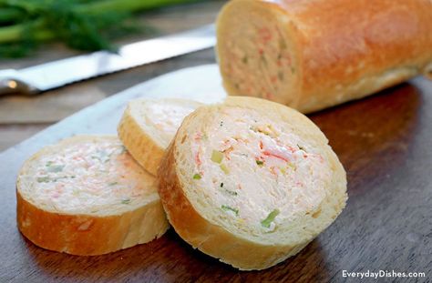 A delicious crab and cream cheese filling makes this baguette recipe perfect for appetizers or lunch. Crab And Cream Cheese, Stuffed Baguette, Baguette Recipe, Crab Stuffed, Make Ahead Appetizers, Pasta Carbonara, Everyday Dishes, Party Appetizers, Tea Sandwiches